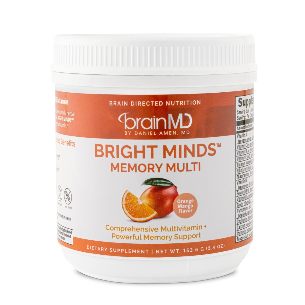 BRAINMD Dr Amen BRIGHT MINDS Memory Multi, Orange Mango Flavor - 5.4 oz Powder - Multivitamin & Memory Support - Gluten Free, Sugar Free - 30 Servings