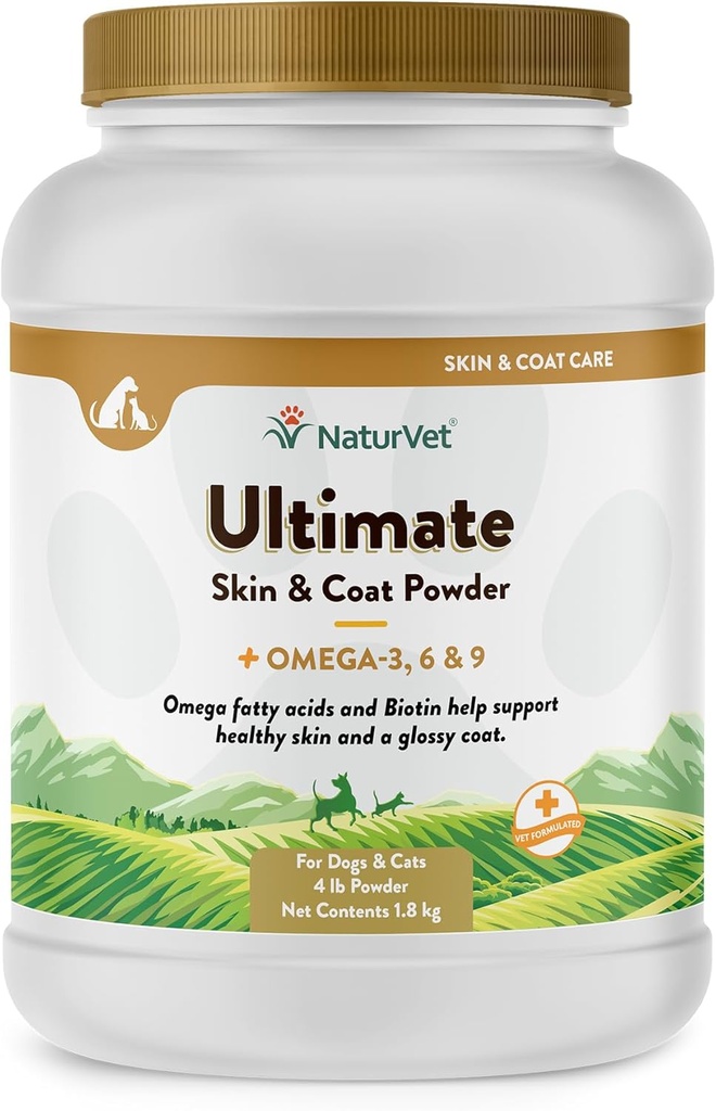 NaturVet Ultimate Skin & Coat Powder Pet Supplement for Dogs & Cats Includes Omega's 3, 6, 9, Biotin, Vitamines voor gezonde hondenjassen, Cat Skin, Tasty Food Topper voor Huisdieren.