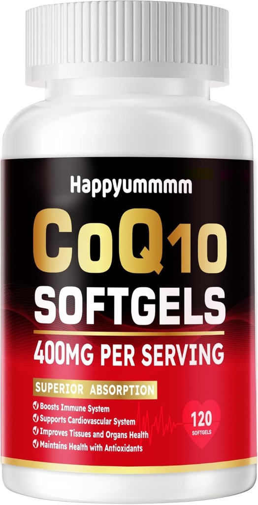 CoQ10-400mg-Softgels met PQQ, Omega-3, Coenzyme Q10(Ubichinon) Supplement voor hoge-sorptie, krachtige-antioxidant, ondersteuning hart en energie-productie, 120 porties.