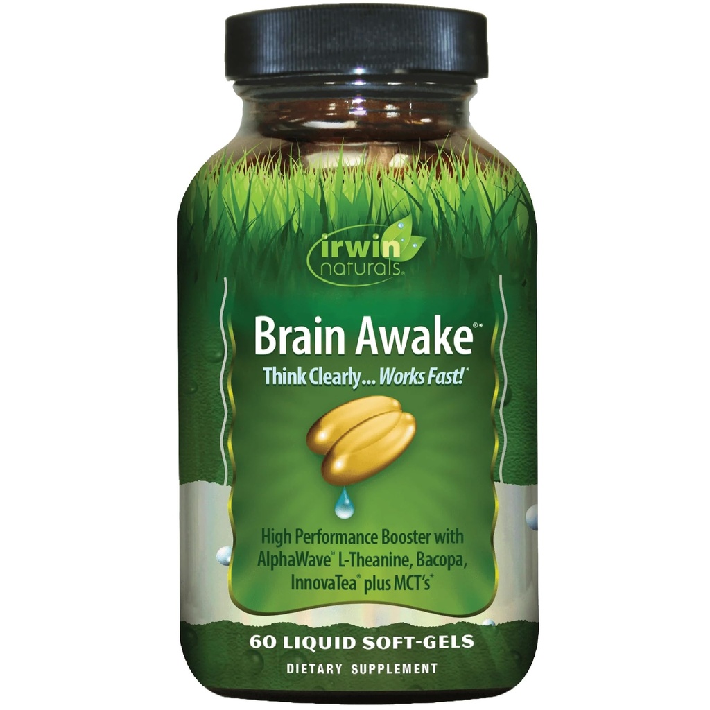 Irwin Naturals Brain Awake Enhanced Mental Performance, Increased Focus, Boost Clarity & Concentration - Krachtige Nootrope Booster met L-Theanine, Bacopa, MCT's & InnovaTea - 60 Liquid Softgels