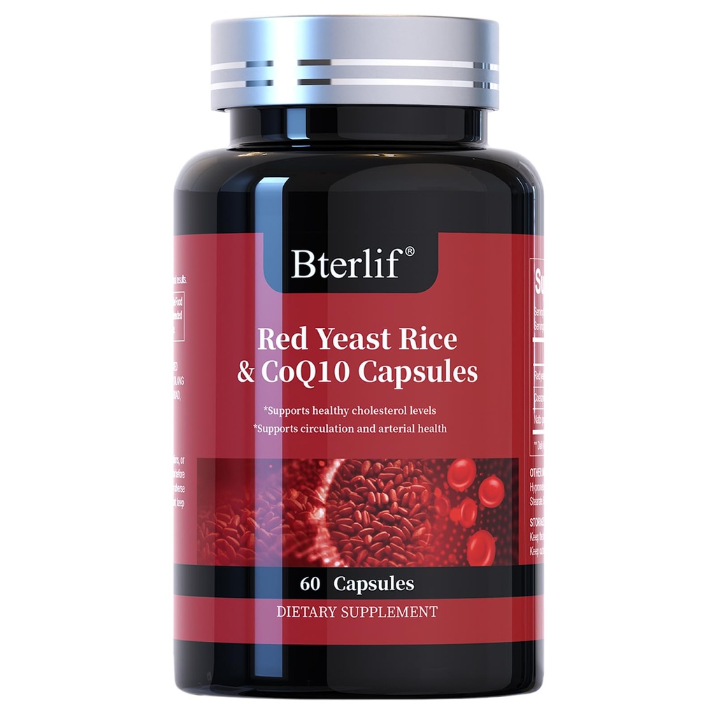 Red Yeast Rice with CoQ10 Supplement Supports Heart Health & Maintains Healthy Cholesterol Levels for Men and Women, Natural & Non-GMO (60 Count)