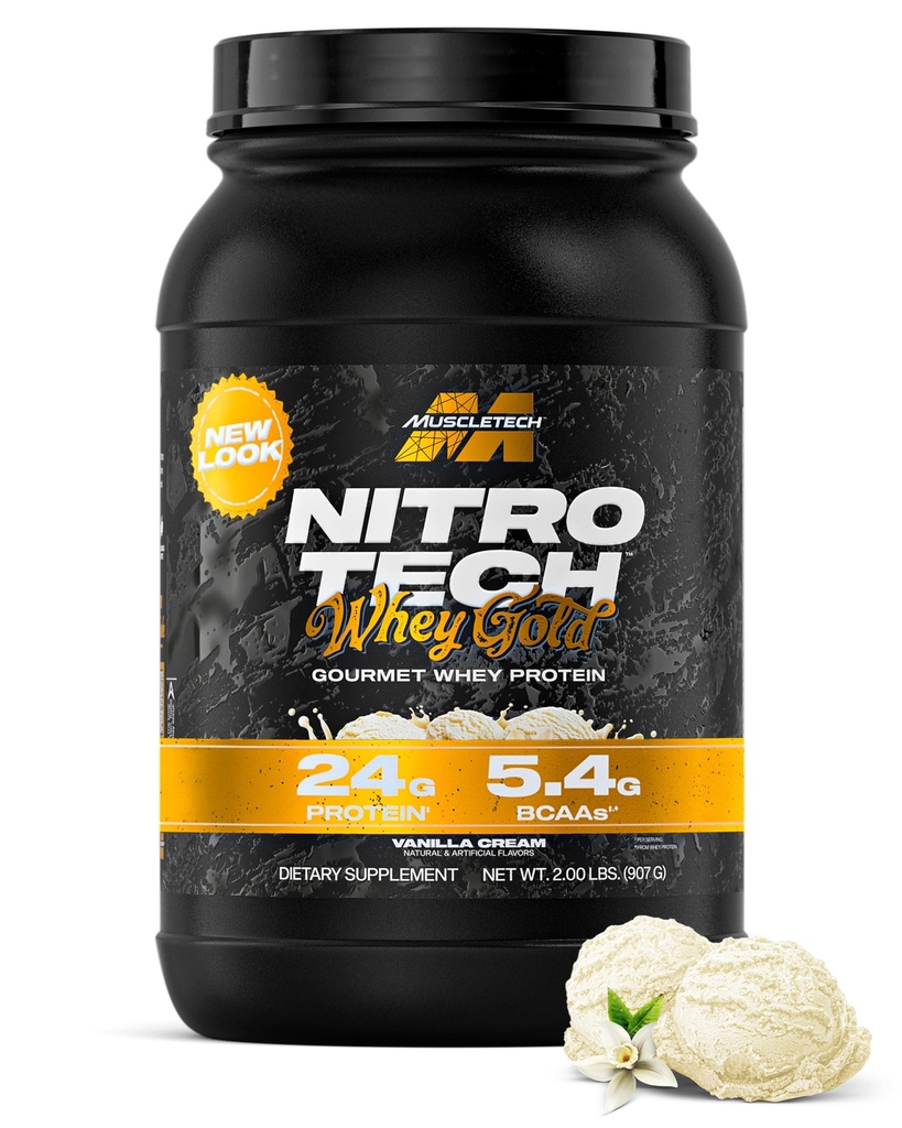 MuscleTech Whey Protein Powder (Vanilla Cream, 2LB) - Nitro-Tech Whey Protein Isolate Smoothie Mix for Lean Muscle & Recovery - 24g Whey Gold for Women & Men - Packaging May Vary