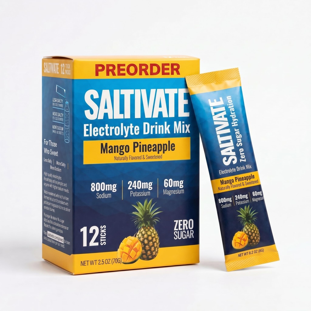 Mango Pineapple Electrolyte Packets | HSA FSA | 800mg Sodium | Stevia-Sweetened & Sugar Free Electrolytes Powder | Hydration for Sweat Recovery, Fasting, POTS | Makes 32 Fl Oz (Pack of 12)