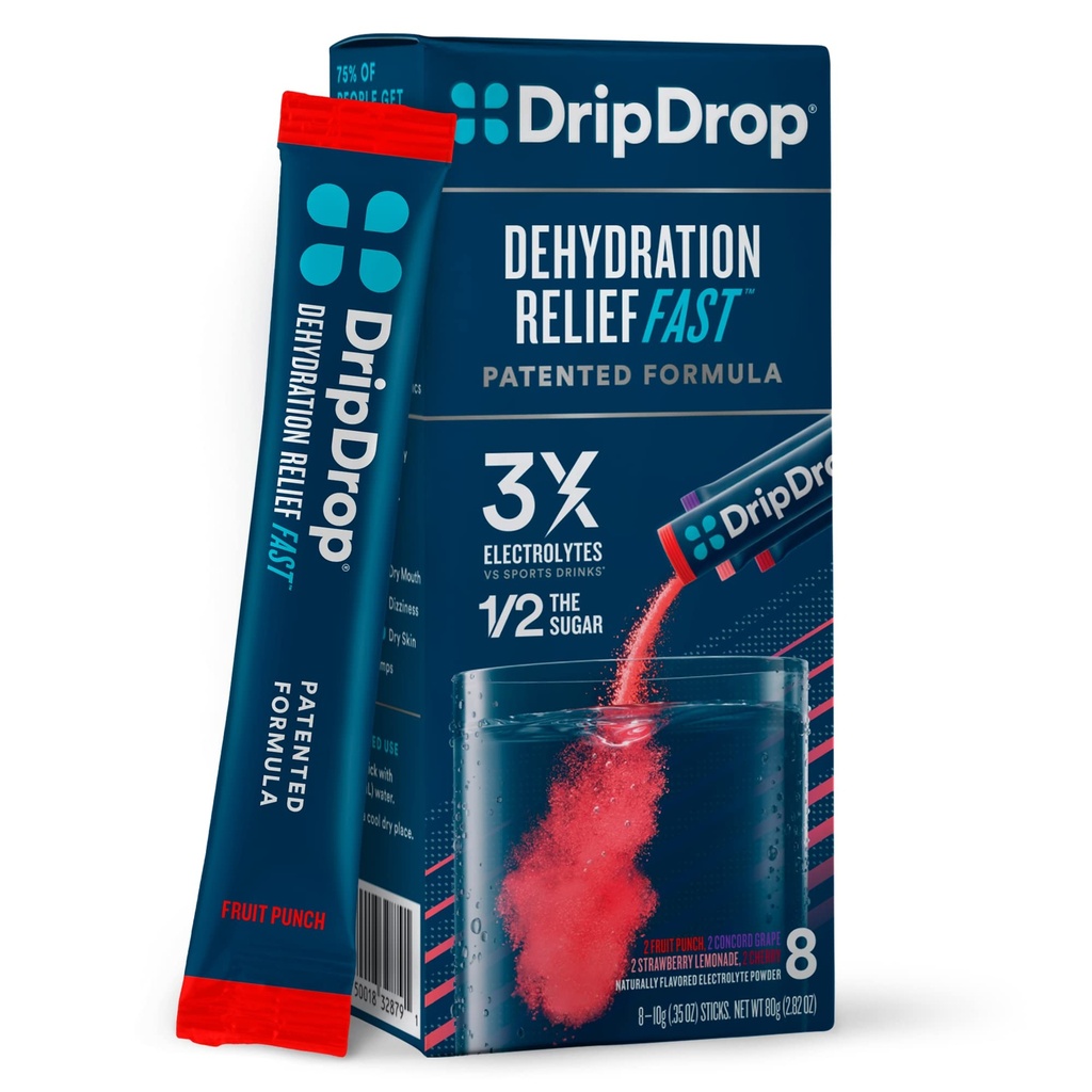 DripDrop Hydration - Electrolyte Powder Packets - Grape, Fruit Punch, Strawberry Lemonade, Cherry - 8 Count