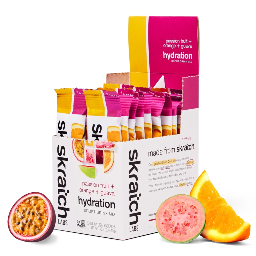 Skratch Labs Hydration Sports Drink Mix Packets – Real‑Fruit Electrolyte Powder for Fast Hydration & Endurance | Passion Fruit Orange Guava | 20 Pack | Vegan, Non‑GMO, Clean Ingredients