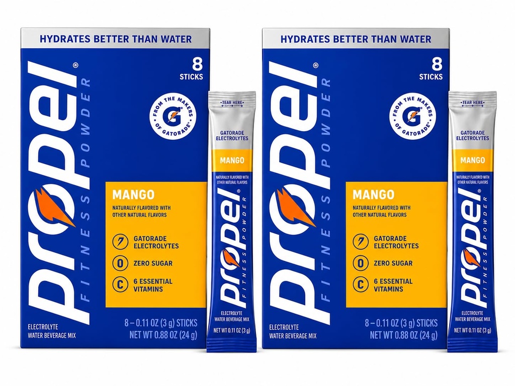 Propel Electrolyte Drink Mix Powder Packets, Mango Flavor, Zero Sugar Hydration Drink, Electrolytes & Essential Vitamins, Water Enhancer, 2 Pack (8 Sticks Each, 16 Total)