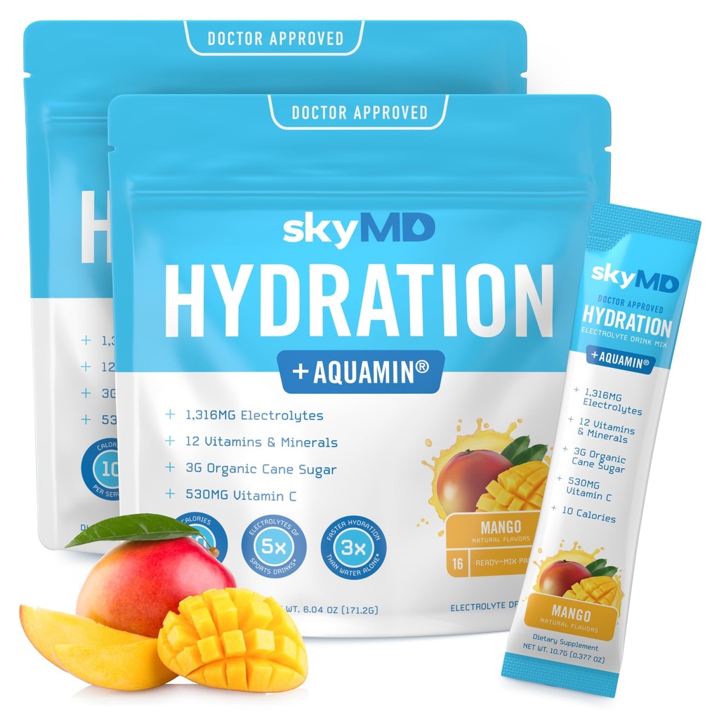 skyMD Daily Hydration | Electrolytes Powder Packets | Low Sugar, 10 Calories | 12 Vitamins & Minerals, Sodium | Drink Mix for Energy and Recovery | Mango | 32 Sticks