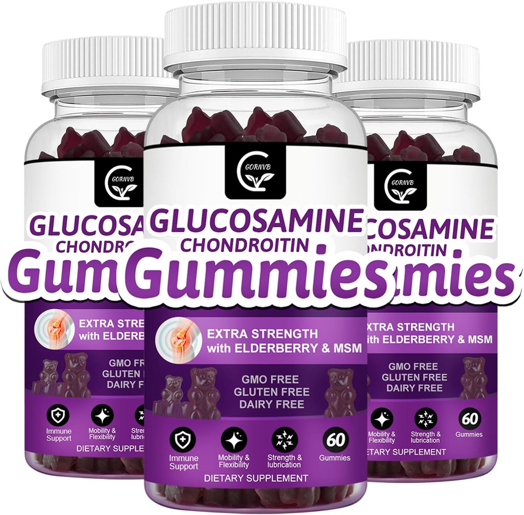 Glucosamine Chondroitin Gummies met MSM & Vlierbessen Extra sterkte Mobiliteit en flexibiliteit Ondersteuning, Antioxidant Immune Supplement voor volwassenen, mannen & vrouwen - 60 Chondroitin Gummies (3 Pack)