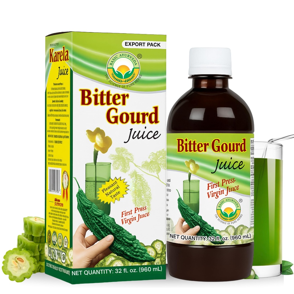 Basic Ayurveda Bitter Gourd (Karela) Juice | 32.46 Fl Oz (960ml) | Natural Bitter Melon Juice for Detox Support | Plant Based Ayurvedic Herbal Drink | for Liver Health, Digestion & Immunity