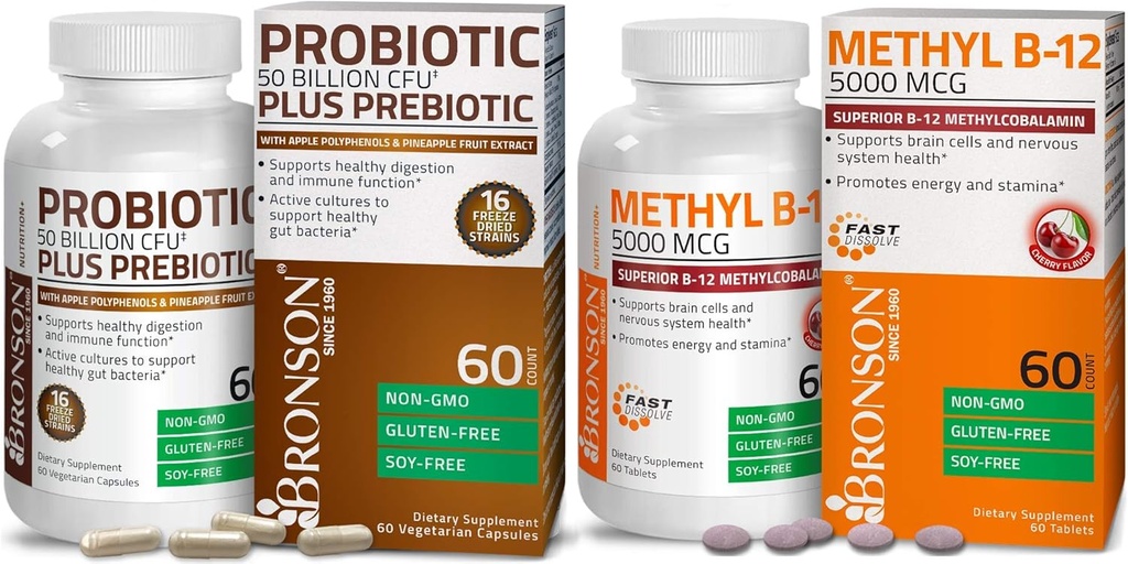 Bronson Probiotic 50 Miljard CFU + Prebiotic with Apple Polyfenols & Ananas Fruit Extract + Methyl B12 5000 mcg Vitamine B12 Methylcobalamine