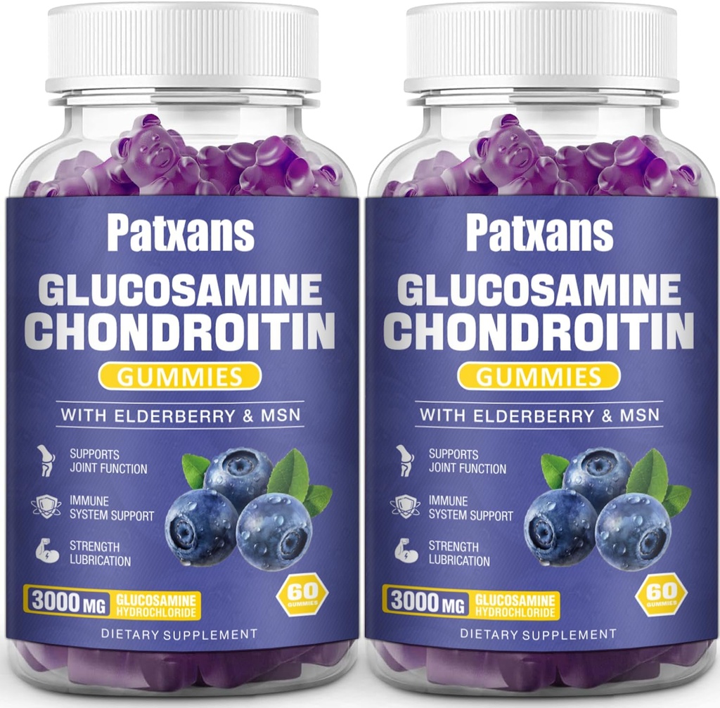 2 Packs 3000MG Glucosamine Chondroitin Gummies - Extra sterkte Joint Health & MSM Vlierberry Natural Joint Support Supplement, Flexibiliteit, Antioxidant Immune Ondersteuning voor volwassenen, 120 Gummies.