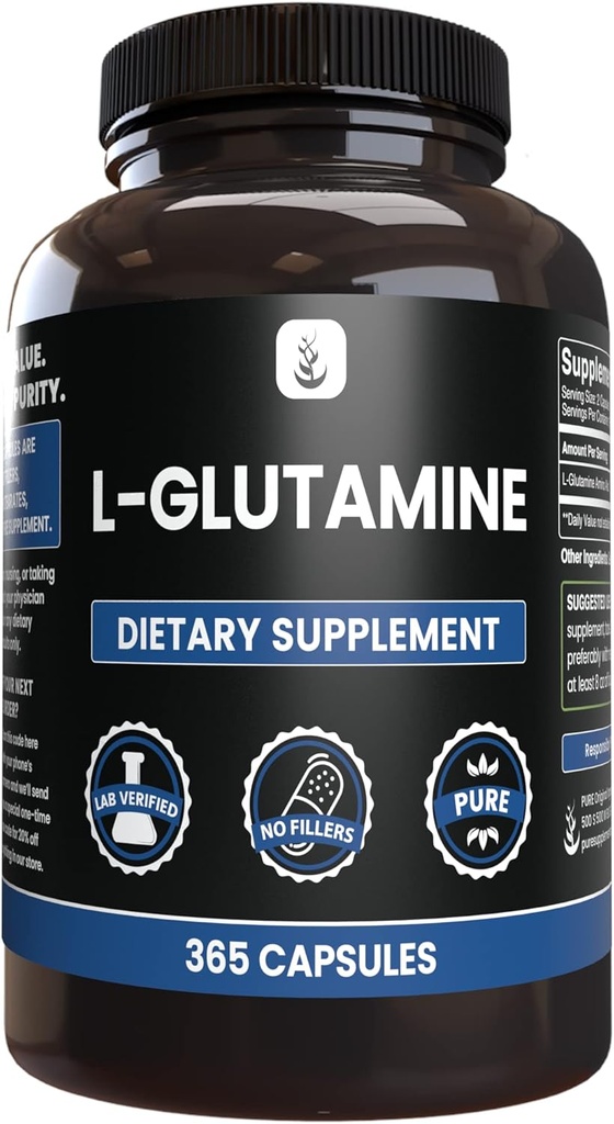 PURE ORIGINEEL INGREDIËNTEN L-Glutamine (365 capsules) Geen Magnesium of rijstvullers, altijd zuiver, lab geverifieerd
