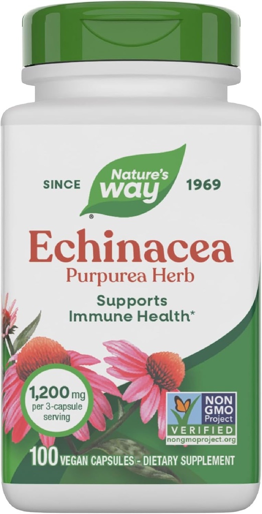 Nature's Way Echinacea Purpurea Herb, Immune Support Supplement*, 1200 mg per 3-capsule portie, Non-GMO Project Verified, Vegan, 100 Capsules (Packaging May Vary)