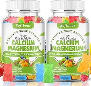 softbear Calcium Magnésium Zinc Gommies pour Adultes et Enfants, Sans Suagr Calcium Magnésium Zinc Vitamine D3 Supplément pour la force osseuse et la santé immunitaire, Fruits mélangés Saveur 120 Comte