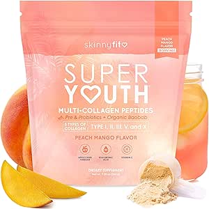 SkinnyFit - Super Youth Collageen voor vrouwen - Multi Collageen Peptides Powder - Probiotics, Fiber, Hyaluronic Acid - Non GMO, Glutenvrij, Suikervrij - Beauty & Self Care - Peach Mango (28 Servers)