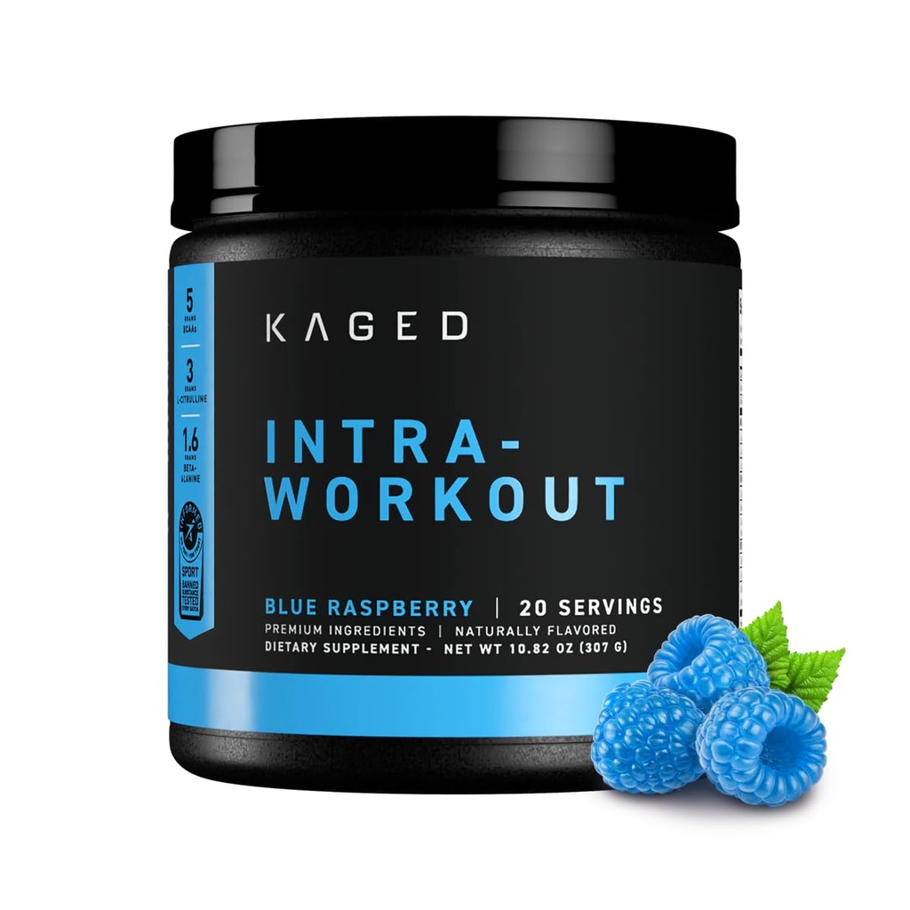 Kaged Intra-Workout Powder In-Kaged BCAA's, L-Citrulline & Beta-Alanine for Endurance 124mg Biologische PurCaf Cafeïne Kokoswater Poeder 20 Serveert Blue Raspberry