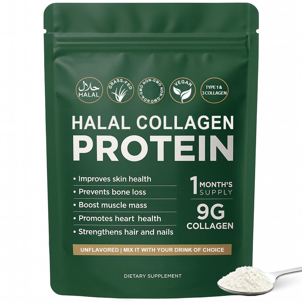 Halal Collagen Protein Powder - Pure Halal Collagen Peptides Grass Fed Organic Hydrolyzed Powder, Skin Glows | Joints Support | Gut Support, Non GMO, Sugar Free, Unflavoured, 30 Servings