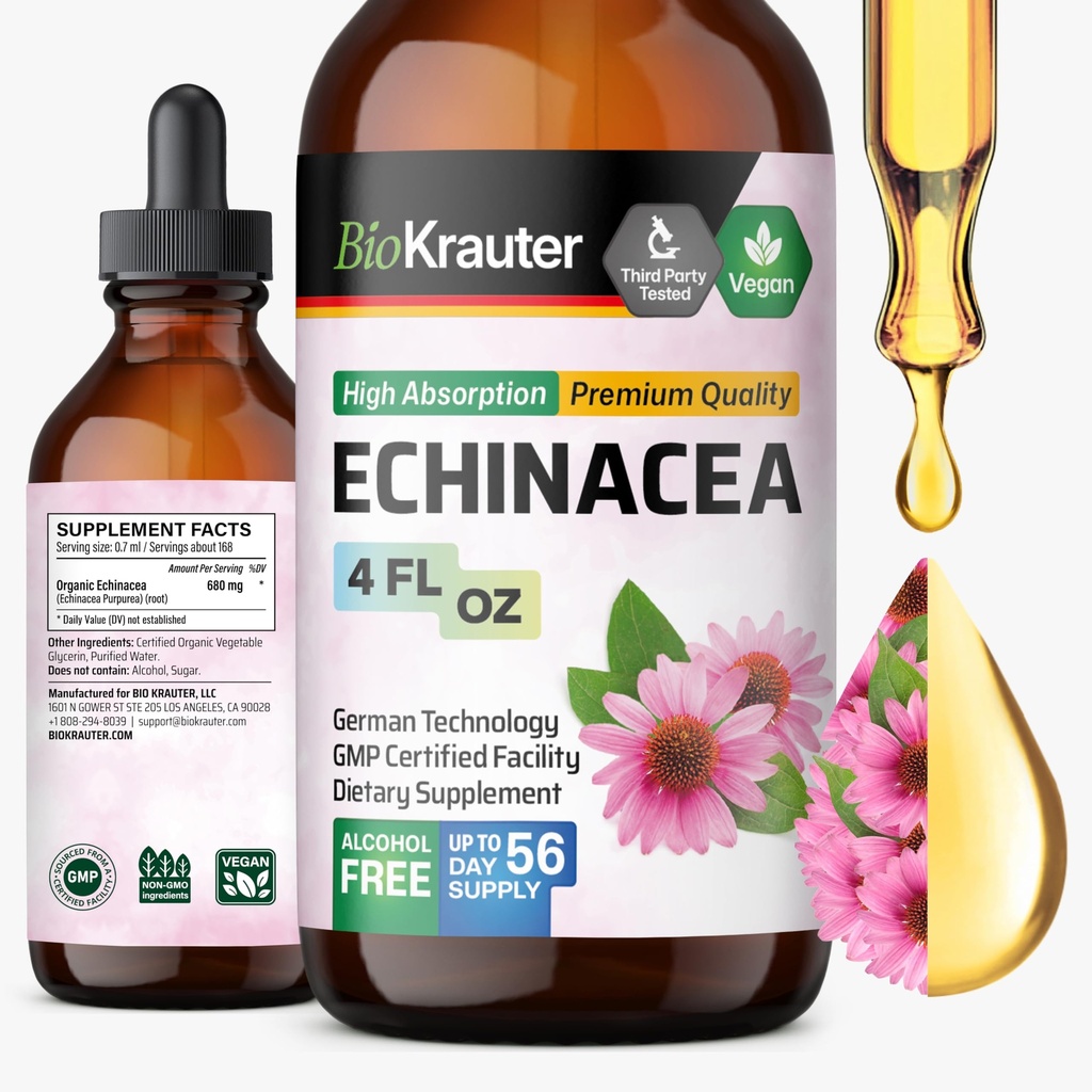BIO KRAUTER gouttes d'échinacée - Soutien naturel immunitaire - Supplément de teinture d'échinacée - Vegan, sans alcool et sans sucre - 4 Fl.Oz.
