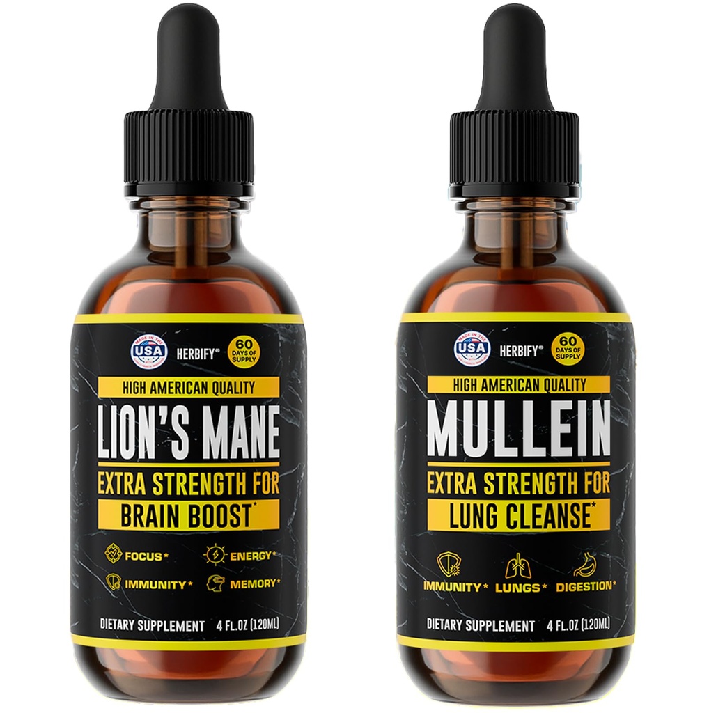 HERBIFY Bundle - Lions Mane & Mullein 4 Fl Oz Drops - Supplement for Memory, Focus & Clarity & Immune Support, Lung Cleanse and Bronchial Support