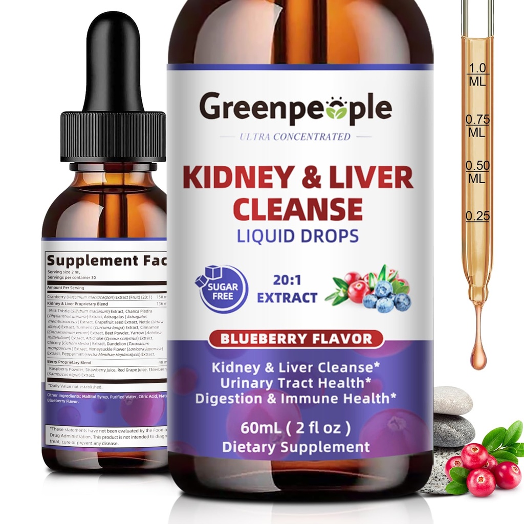 GROENPEOPLE Nierreiniging Detox & Repair - 27-in-1 Nier- en leverdruppels met 20:1 Cranberry Extract & Chanca Piedra, alcoholvrije supplement voor urinetrek & lever ondersteuning (2 Oz 1 Pack, bosbes)