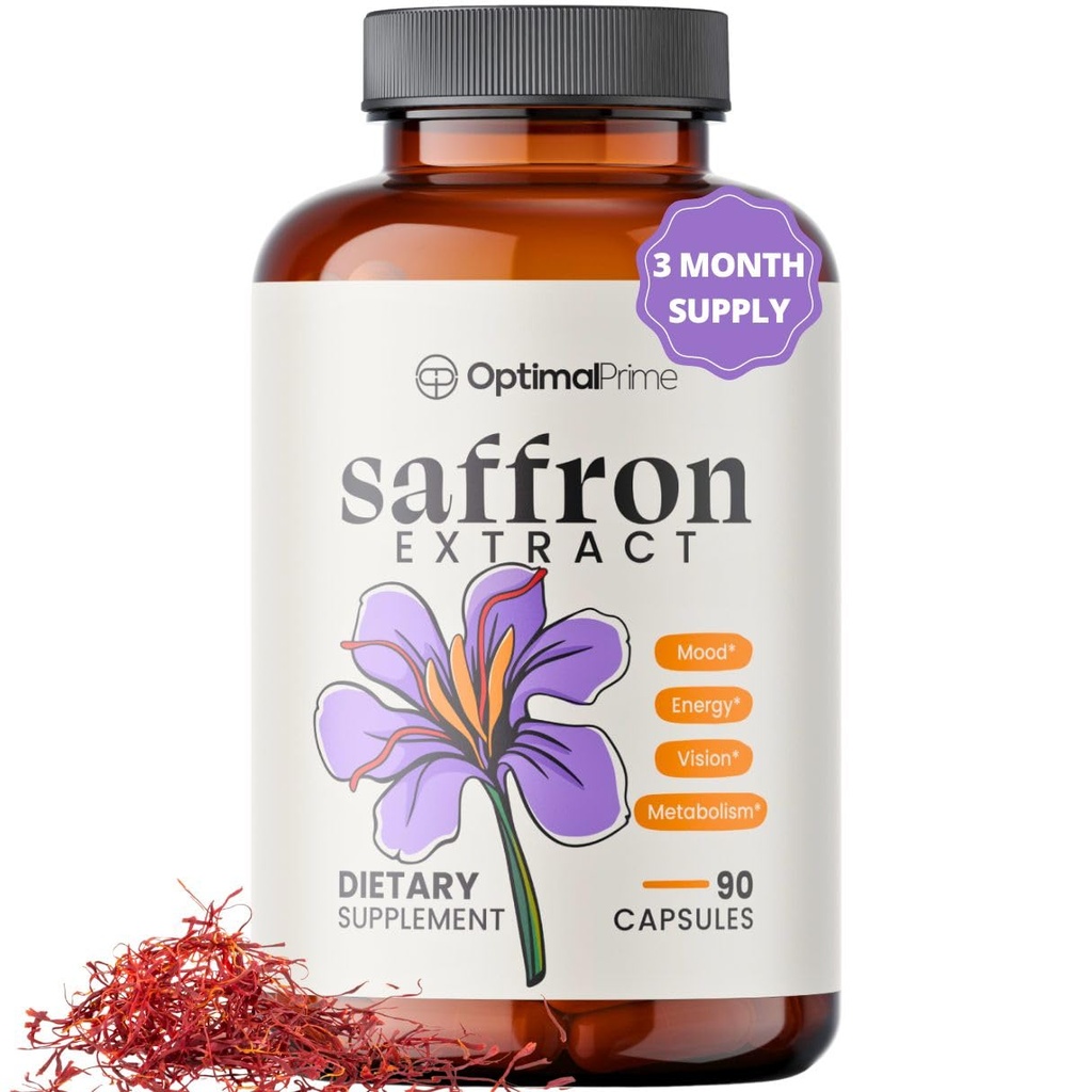 Optimal Prime Saffron Supplement - 100% Pure Saffron Extract 88.5mg - Helpt ondersteuning Optimale Mood, Energie, en Metabolisme, Vegetarisch vriendelijk, Niet-GMO, Glutenvrij, Sojavrije, 90 capsules