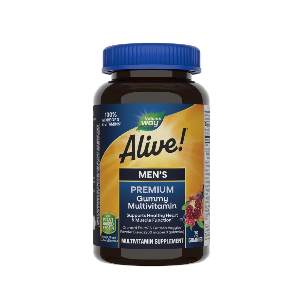 Nature's Way Alive! Mannen Premium Gummy Multivitamine, Ondersteunt Gezond Hart, Spierfunctie*, Full B-Vitamine Complex, Oranje, Druiven, Cherry Flavored, 75 Gummies (Verpakking mei Vary)