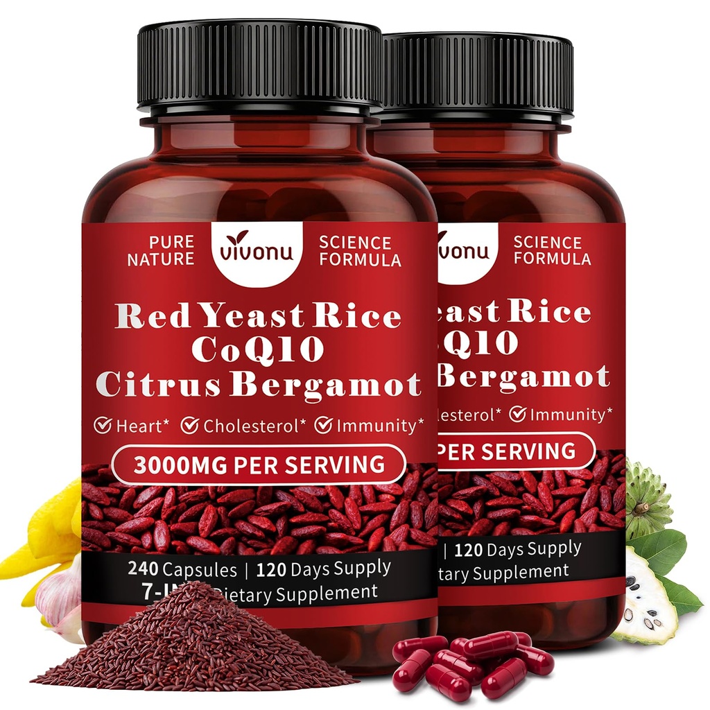 VivoNu Red Yeast Rice with CoQ10, Citrus Bergamot Supplements* | 3000mg Red Yeast Rice, Citrus Bergamot, CoQ10 (2 Bottle | 480Capsules)