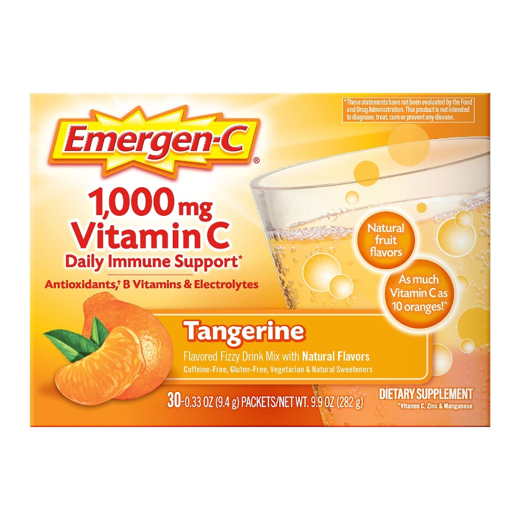 Emergen-C 1000mg Vitamine C Immune Support Poudre Tangerine 30CT comprend le zinc, le manganèse, 7 B Vitamines et électrolytes pour les essentiels de retour à l'école