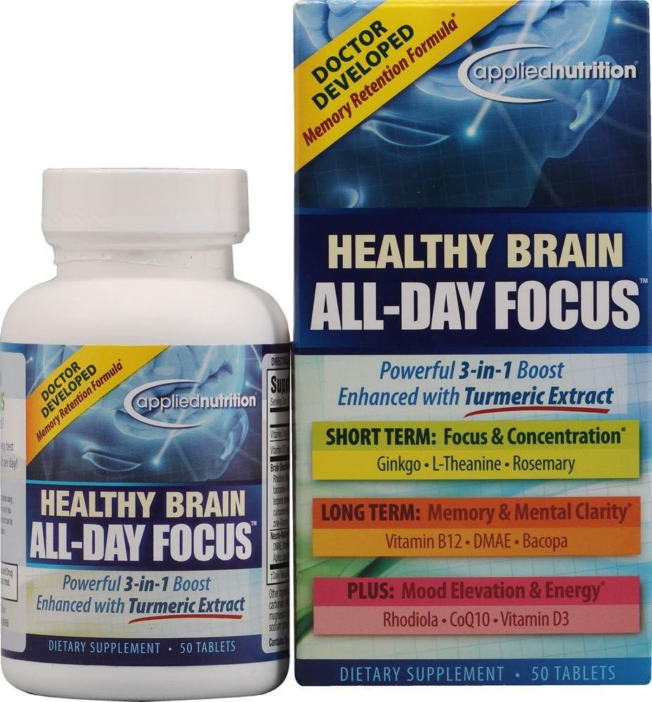 Toegepaste voeding gezonde hersenen All-Day Focus - 50 tabletten - Krachtige 3-in-1 hersenen Booster met Kurkuma Extract - 25 porties