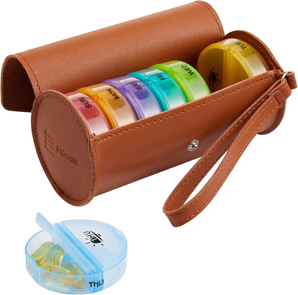 FGcase Weekly pil Organizer 2 keer per dag Grote 7 dagen Regenboog pil Box met Bruin PU lederen geval Portable Travel Medication Container AM PM pil Box voor vitaminen, visolie, geneeskunde, supplementen