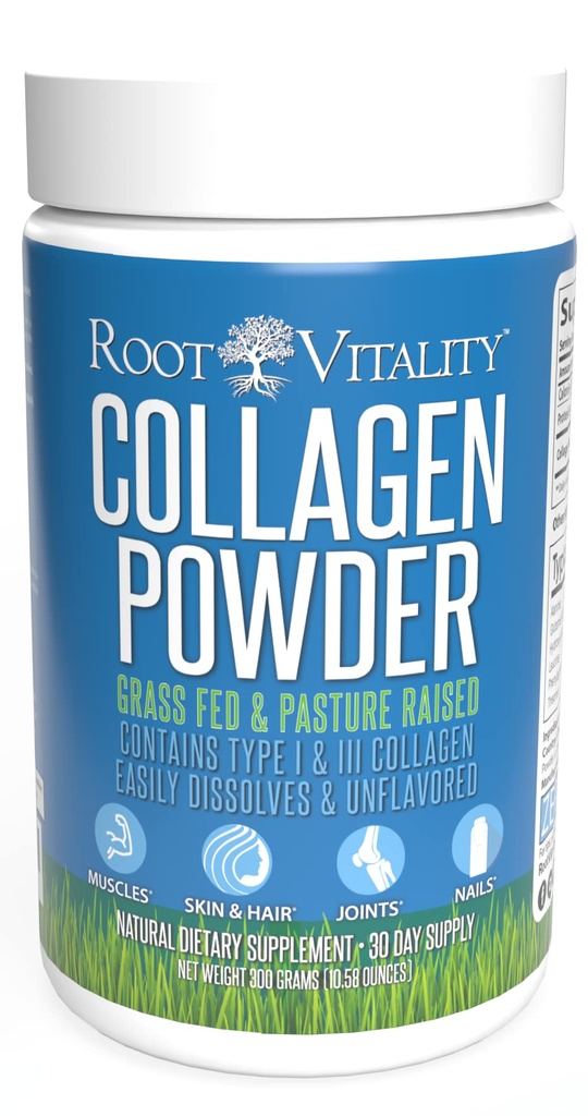 Poudre de peptides de collagène de vitalité des racines - Supplément de protéines hydrolysées alimentées à l'herbe et aux pâturages pour la peau, les cheveux et les ongles - Non-OGM, supplément quotidien de sucre zéro pour les hommes et les femmes (30 portions)