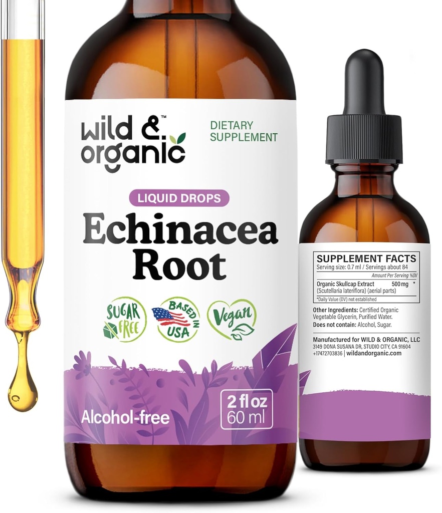 Wild & Organic Echinacea Tinctuur - Immune Support Drops with Liquid Echinacea Root Extract - Angustifolia Supplements - Vegan, Sugar & Alcohol-Free - 2 fl oz