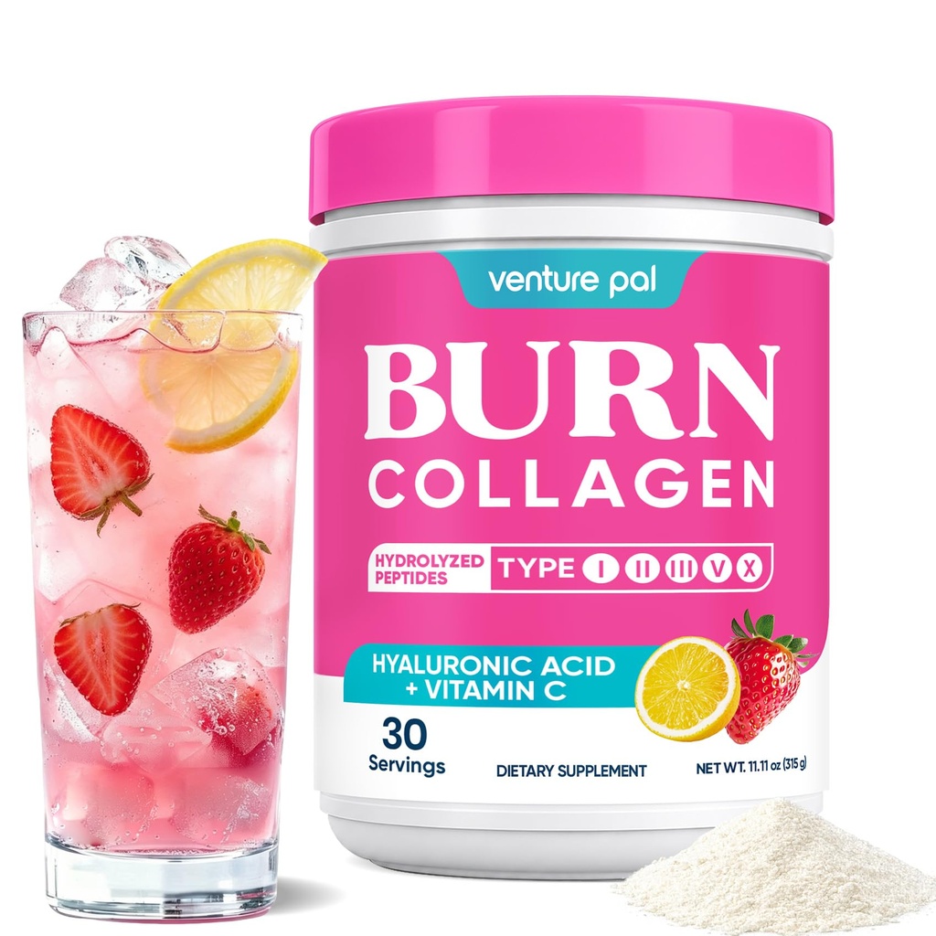 Venture Pal Multi Collagen Burn Peptides Powder - 5 Types of Hydrolyzed Collagen with L-Carnitine, Hyaluronic Acid, Vitamin C and Green Tea - Supports Healthy Metabolism & Skin Wellness