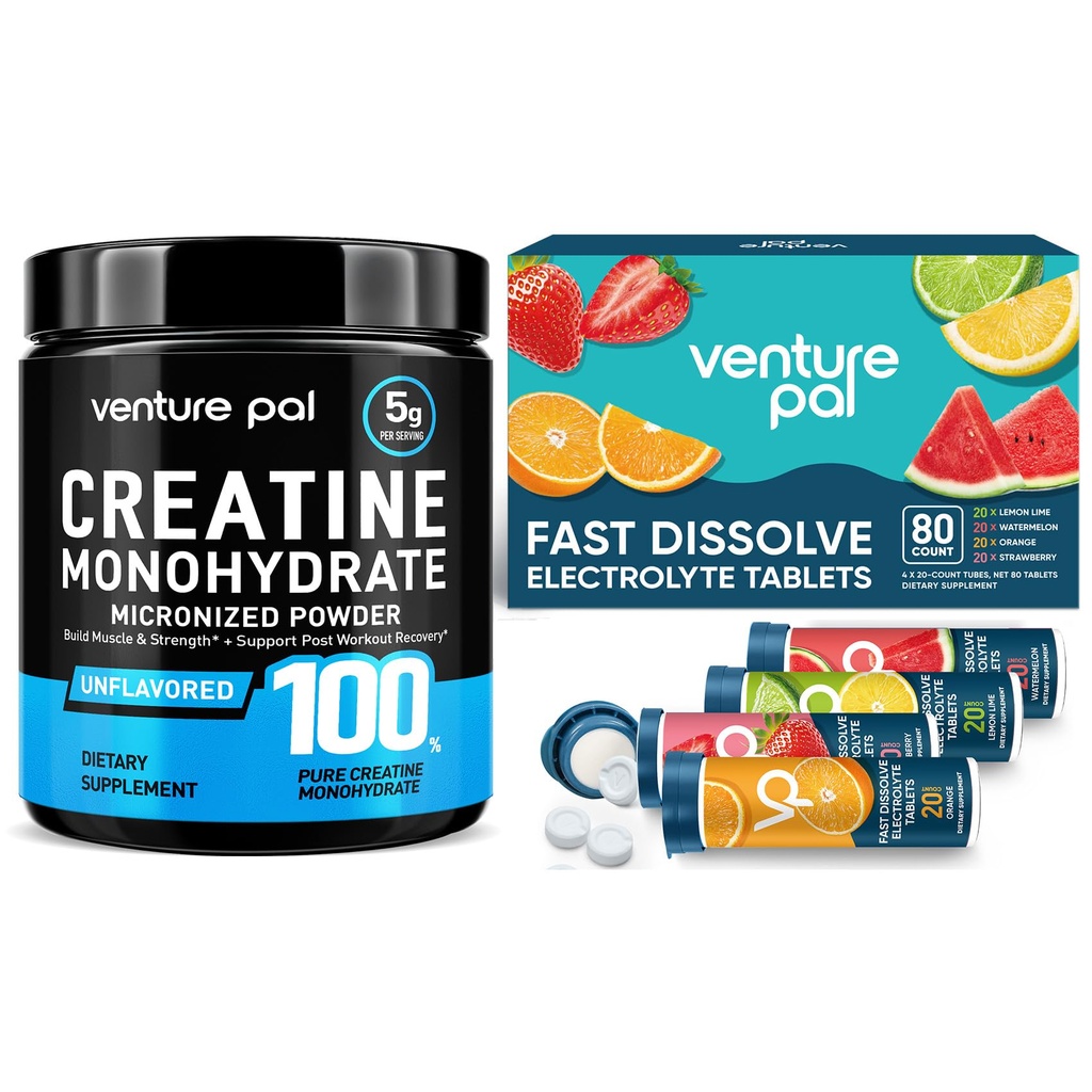 Venture Pal Micronized Creatine Monohydrate Powder + Chewable Electrolyte Tablets - Sugar-Free Hydration, 80 Count Variety Pack