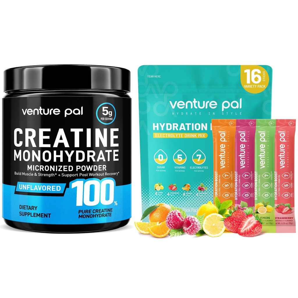 Venture Pal Micronized Creatine Monohydrate Powder + Electrolyte Powder Packets - Rapid Hydration & Recovery, Keto Friendly, 16 Sticks