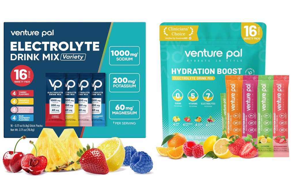 Venture Pal Electrolyte Powder Combo Pack – Sugar-Free Daily Hydration & High Sodium Electrolyte Drink Mix | Zero Calories | Keto, Vegan & Paleo Friendly | 32 Sticks