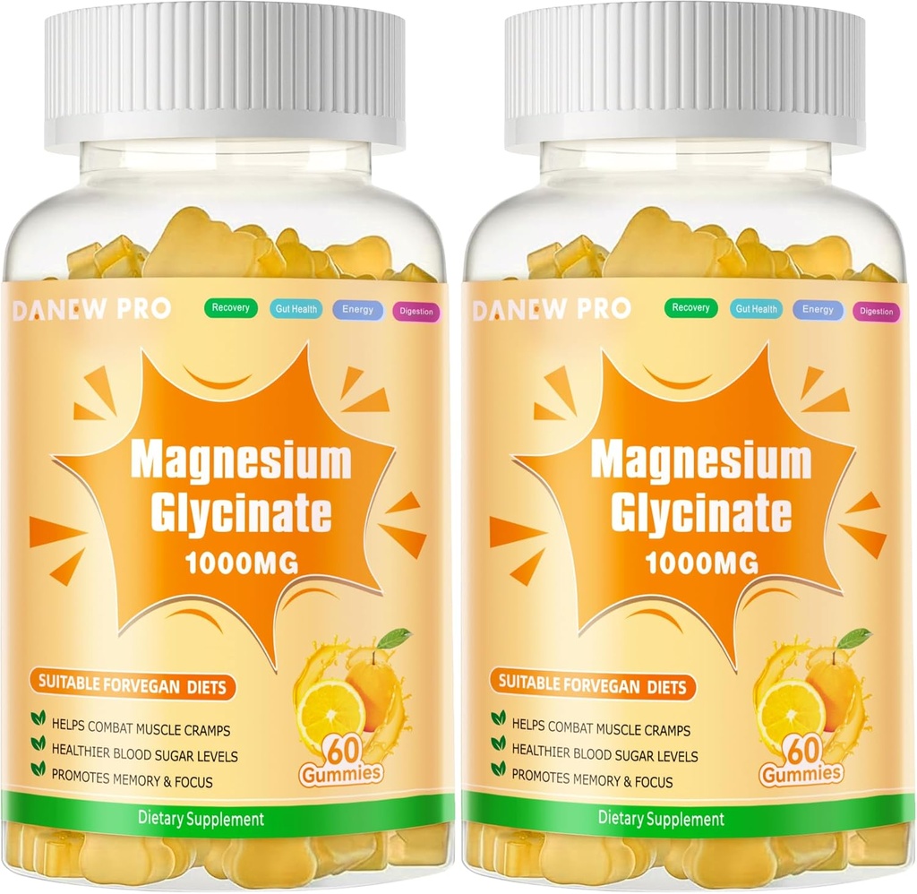 Magnesium Glycinate Gummies 1000mg - Suikervrij Magnesium Kalium Supplement met Vitamine D, B6, CoQ10 voor Kalm Mood & Slaap Ondersteuning - 120 Oranje Gummies