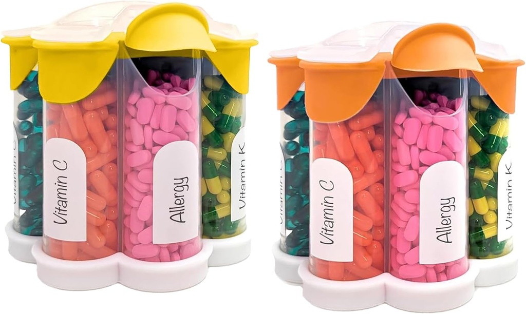 Extra grote pil Organizer dagelijks, wekelijks, maandelijkse supplement fles, schattige Blossom pil Dispenser met 7 XL Compartments (2 Pack Combo) (oranje en geel)