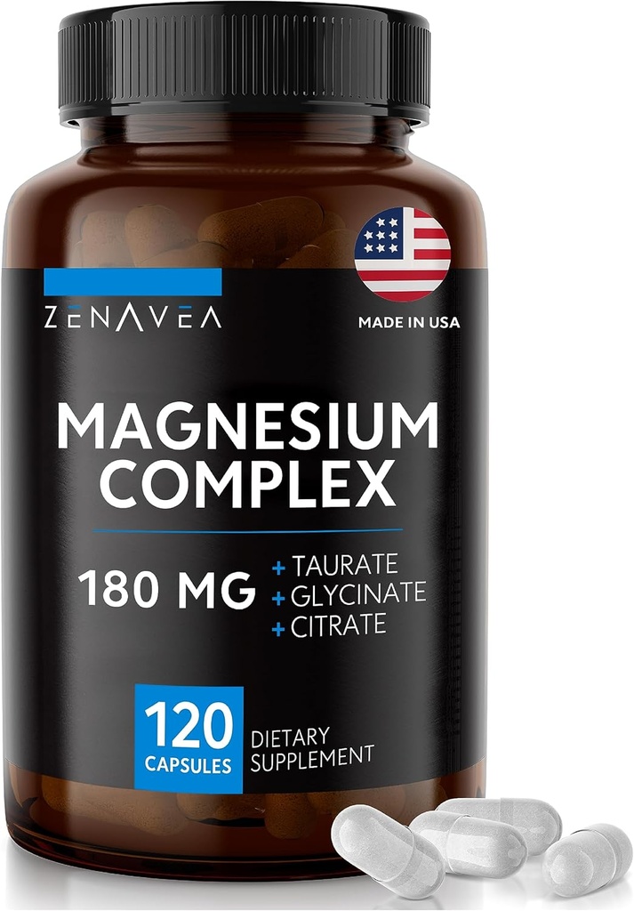 Triple Magnesium Complex Supplement (120 Vegan Capsules) - 180mg Magnesium Glycinate Taurate en Citrate - Calm Magnesium Complex Supplementen