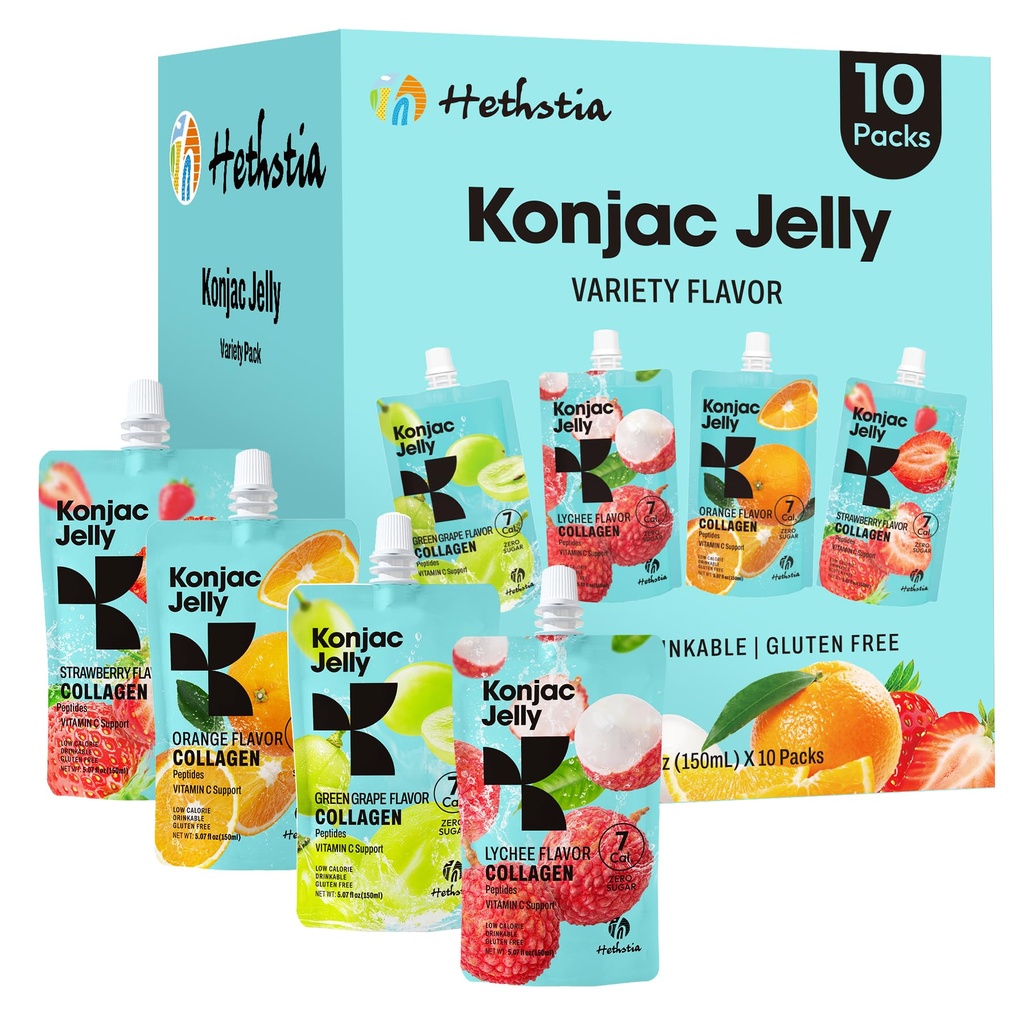 Hethstia Konjac Jelly Collagen Peptides Various Flavors - Lychee, Green Grape, Strawberry & Orange | Low Calorie, Sugar-Free, Keto, Gluten-Free, Vitamin C | 10-Pack Portable Healthy Snacks