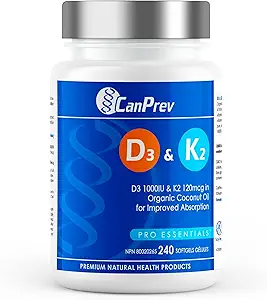 CanPrev D3 & K2 Vitamines 240 Softgels, 240 jours d'approvisionnement, 1000UI Vitamine D3 & 120mcg K2, soutient les os forts, les dents et le mieux-être cardiaque, facile à absorber avec l'huile de coco biologique, sans OGM, gluten, soja, lait