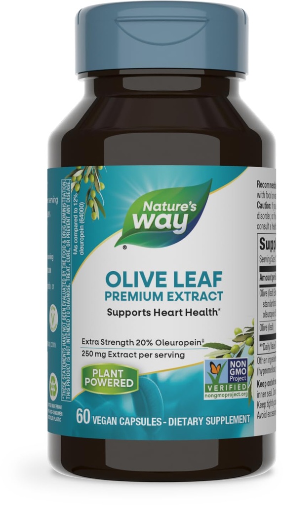 Nature's Way Olive Leaf, Premium Extract, Ondersteunt Heart Health*, 20% Oleuropein, 250 mg per portie, Non-GMO Project Verified, 60 Vegan Capsules (Verpakking mei Vary)