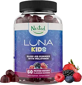 Nested Naturals Luna Kids Slaap Gummies - Non-Habit Forming Kids Melatonine Gummy met Valeriaan wortel, kamille, en citroen Balm - Kinder Melatonine slaaphulp - gemengde Berry, 60 Vegan Gummies