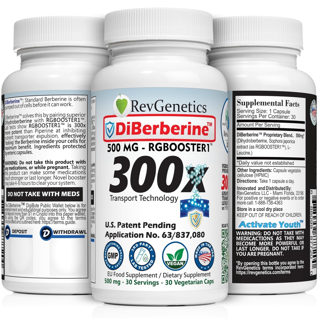 REVGENETICS Berberine Supplement 500mg, Dihydroberberine DHB Enteric Coated Capsules, Healthy Metabolism & AMPK Support, 6.7X Absorption, 1 Daily, Made in USA, 30 Ct, DiBerberine 300x