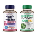 Geheel Wellness Dr. Geformuleerde Raw Probiotica voor vrouwen 100 miljard CFU + Digestieve Enzymen 1000MG Plus Prebiotica & Probiotica Supplement Bundle