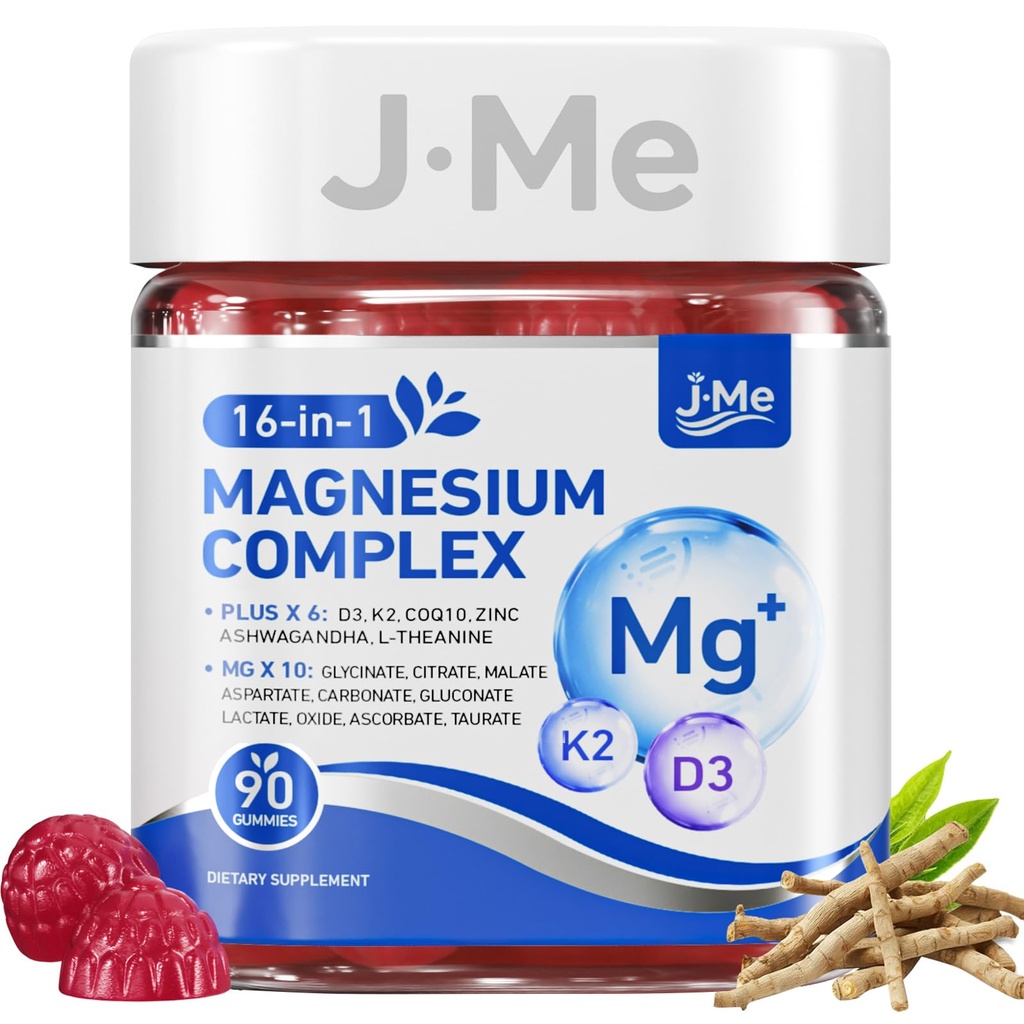 JME Sleep & Restore Magnesium Complex Gummies for Women & Men – 16-in-1: 10 Magnesium Complex (Glycinate, Citrate, Malate, L-theanine...) + D3, K2, CoQ10, Zinc,Ashwagandha – Vegan – 90 Gummies