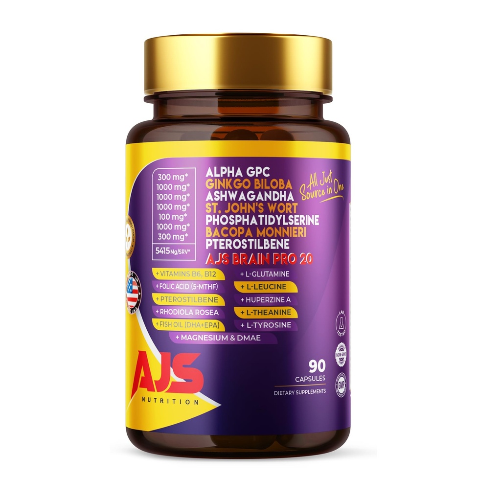 AJS Alpha GPC Nootropic Cerveau Supplément,Phosphatidylsérine,St. John'sWort Ginkgo Biloba,Ashwagandha,Bacopa Monnieri,Pterostilbene,Magnésium Glycinate,Ginkgo Biloba,5-MTHF,Huperzine A 60CT,90 capsules