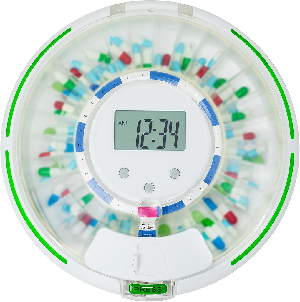 Automatische pildispenser, Organisator van 28 dagen medicatie op slot, maximaal 6 doses per dag, 6 doseringssjablonen, geluids- en lichtwaarschuwingen en sleutel voor vitamines, supplementen (Frosted Lid)