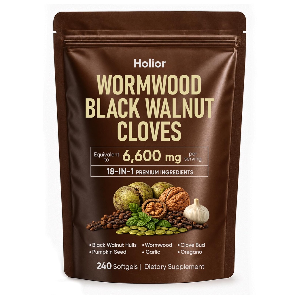 Holior 18-in-1 Black Walnut & Wormwood Herbal Blend for Humans – Digestive & Gut Balance Support with Turmeric, Garlic, Clove, Pumpkin Seed & Oregano, Daily Use for Adults, 240 Count(1)