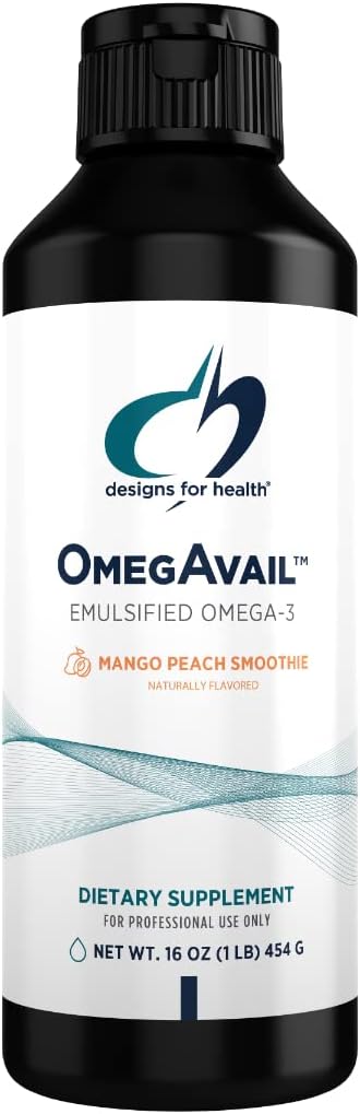 Designs for Health OmegAvail Smoothie - Omega 3 TG Triglyceride Fish Oil Emulsion with DHA + EPA - Liquid Supplement for Cardiovasculaire + Brain Support, Mango Peach Flavor (43 Servers / 16oz)